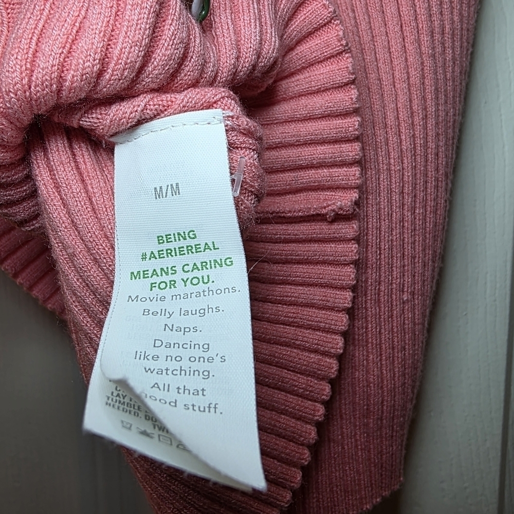 Aerie Ribbed Stretch Polo Top Short Sleeve Knit Sweater Shirt Coral Pink M - Picture 7 of 8